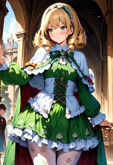 (masterpiece),(best quality),(ultra-detailed),(best illustration),(best shadow),(detailed background),1girl, blonde-hair, green-eyes, pantyhose, hairband, short-hair, frills, gem, green-dress, jewelry, brooch, solo, lolita, white-pantyhose, capelet, standi...