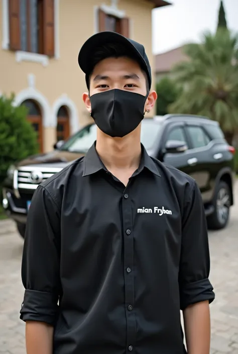 A young and beautiful boy of 20 year old wearing black caps and face masks, standing in front of a large mansion. Behind them, a luxurious. Toyota Fortuner car is parked. man’s shirt has the name 'mian Frhan' printed on it. The setting is elegant and high-...