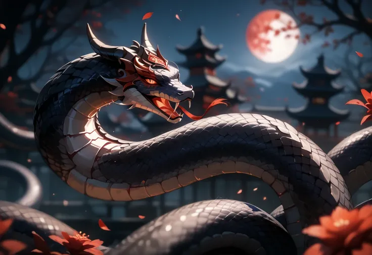 (Masterpiece), best quality, highest quality, highly detailed CG unity 8k wallpaper, original, high resolution, (depth of field: 1.5), fidelity: 1.3, solofocus, snake, dark scales, dark background, bloodred new moon, blood moon, new moon, intense, lunar ne...