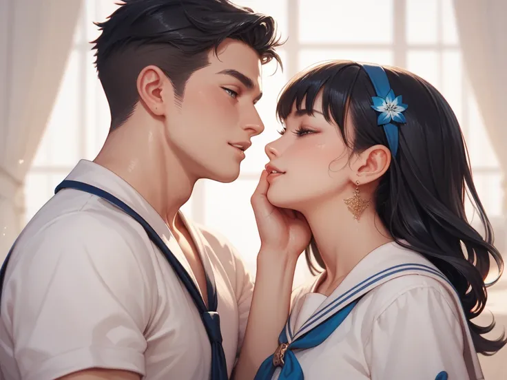 I want an anime image , a boy and a girl with black hair dressed as sailors 