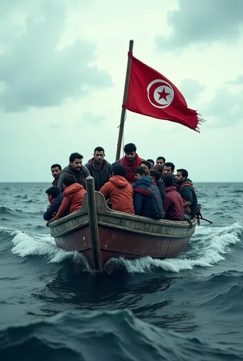 Migrant boat with Tunisia flag at sea 