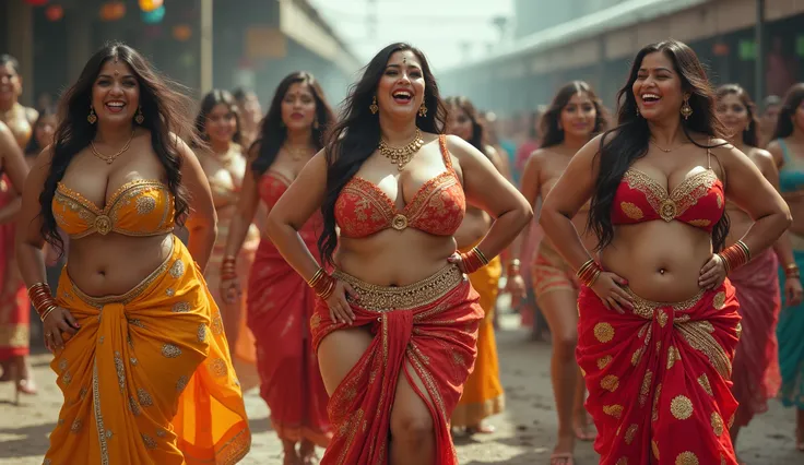 Sexy indian Bride's group with big breast and big butts exhausting brightness with realistic scene colorful saree and bikini costume , exhausting 👠 , closeup face dancing at railway station
