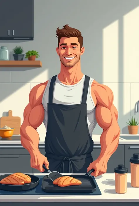 A muscular, friendly-looking man in a fitted sleeveless gym shirt and apron is cooking a high-protein meal in a modern kitchen. He is holding a spatula in one hand, flipping a chicken breast on a grill pan, while his other hand holds a shaker bottle filled...