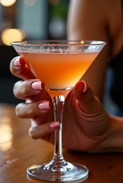 Close-up of a model's well-groomed hand, holding a drink in an elegant glass (such as a martini glass or a long glass for tropical drinks). The nails are painted light pink with an almond shape and shine at the ends, as in the previous manicure. The hand i...