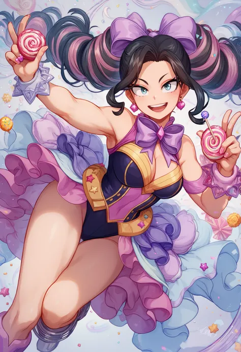 A dynamic anime heroine in the style of Boku no Hero Academia, with a candy-themed design. She has long, flowing black hair styled in soft waves, decorated with small sweets like lollipops, candy pieces, and ribbons resembling confectionery wrappers. Her l...