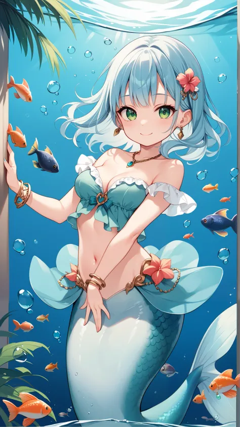 (High image quality), (Best Quality), (masterpiece), (high resolution), (8k), One mermaid girl, Light Blue Hair、Green Eyes, pendant, earrings, medium breasts, loli, smiling, medium hair, under the sea, tropical fish