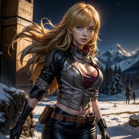 nighttime, stars, yangxiaolong, yang xiao long, smiling, long hair, blonde hair, (purple eyes:1.3), ahoge, bangs, BREAK cleavage, jacket, black pants, belt, mechanical arms, single mechanical arm, prosthesis, prosthetic arm, BREAK standing in field, next t...