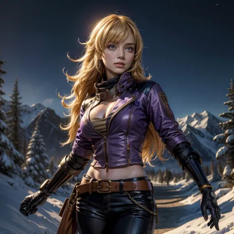 nighttime, stars, yangxiaolong, yang xiao long, smiling, long hair, blonde hair, (purple eyes:1.3), ahoge, bangs, BREAK cleavage, jacket, black pants, belt, mechanical arms, single mechanical arm, prosthesis, prosthetic arm, BREAK standing in field, next t...