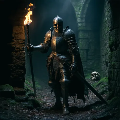 A knight in worn and battle-scarred armor with a full helmet, holding a torch in one hand while exploring ancient, dark dungeons. The torchlight casts eerie shadows on the damp, moss-covered walls. In the other hand, he wields a longsword, ready for combat...