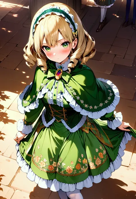 (masterpiece),(best quality),(ultra-detailed),(best illustration),(best shadow),(detailed background),1girl, blonde-hair, green-eyes, pantyhose, hairband, short-hair, frills, gem, green-dress, jewelry, brooch, solo, lolita, white-pantyhose, capelet, standi...