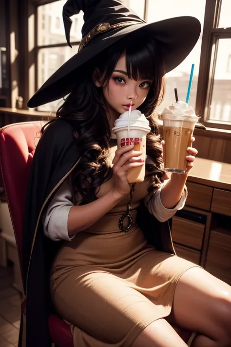 "Smooth Quality" 1female, gummy worm hair, colorful snake hairsa very long hair, snake eyes, cute face, witch hat, magical cape, long dress, snakes, sitting on chair, desk, on desk, cafe, drinking milkshake, milkshake explosion, suprised, dutch angle, cowb...