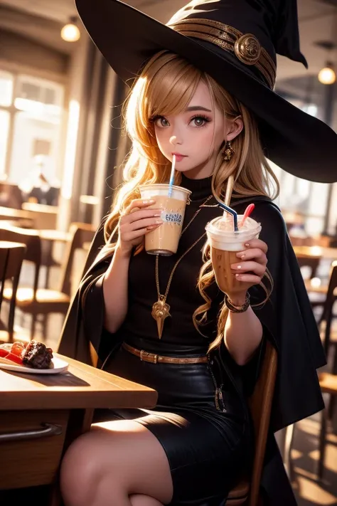 "Smooth Quality" 1female, gummy worm hair, colorful snake hairsa very long hair, snake eyes, cute face, witch hat, magical cape, long dress, snakes, sitting on chair, desk, on desk, cafe, drinking milkshake, milkshake explosion, suprised, dutch angle, cowb...