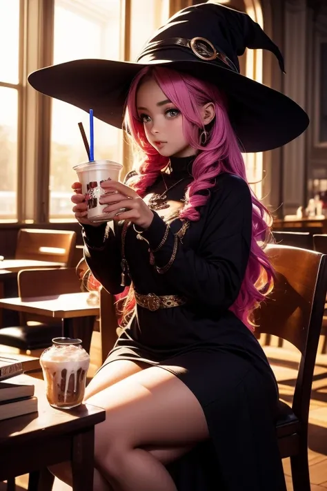 "Smooth Quality" 1female, gummy worm hair, colorful snake hairsa very long hair, snake eyes, cute face, witch hat, magical cape, long dress, snakes, sitting on chair, desk, on desk, cafe, drinking milkshake, milkshake explosion, suprised, dutch angle, cowb...