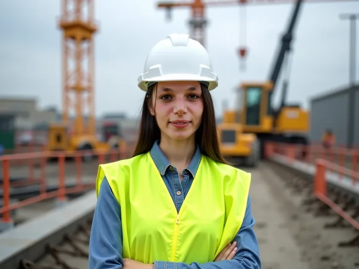 regenerate the photo as the girl wearing a civil engineering white hard hat and a yellow reflector