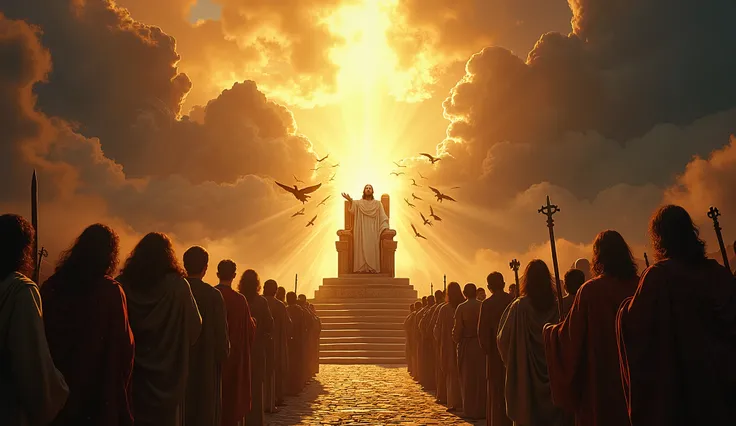 " A dramatic and heavenly scene where Jesus is seated on a brilliant throne, judging the nations . on one side,  happy and radiant people are greeted by angels in a golden light . on the other side,  dark and distressed figures are drawn away into the dark...