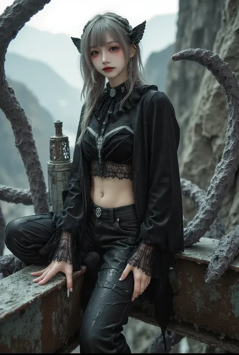 ((dark biopunk horror atmosphere   Tentacles  )), ((beautiful girl in biopunk style)), ( dark grey skin),  biopunk clothes, Glossy Skin, open belly, Lip piercing ,  is placed on a steel beam covered with mucus, biopunk mountains,   Tentacles  , Cold Light ...