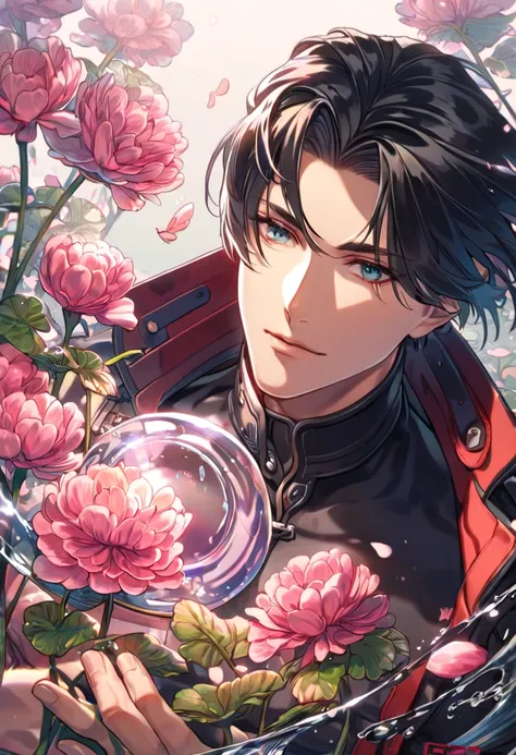 absurdres, highres, ultra detailed, HDR, master piece, best quality, extremely detailed face, delicated features, Hugo Pennywort, black hair, without bangs, gray highlights in the hair, God Eater 3, solo, sexy man, handsome, black cropped coat, black tight...