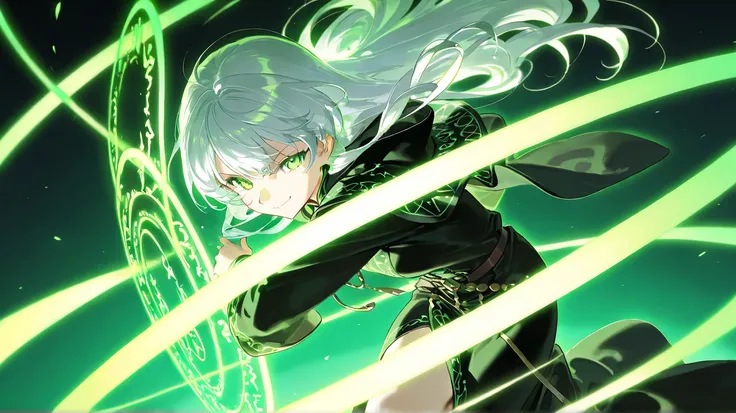 “A female character with medium-length white hair and glowing green eyes. She has a confident smirk and wears an elegant black mage’s robe adorned with intricate golden details. A mysterious green aura surrounds her, swirling with magical energy. A glowing...