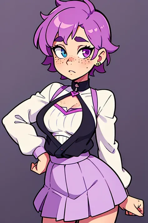 girl,  Pastel purple curly short hair ,  has heterochromia , has vitiligo , freckles, Piercing de Septo,  medium breasts,  wearing a short long sleeve top and a pleated skirt