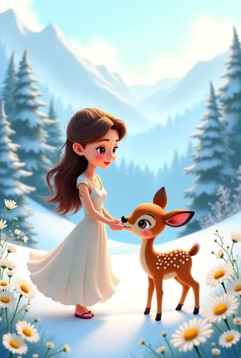 Woman with fawn in the snow and edelweiss cartoon 