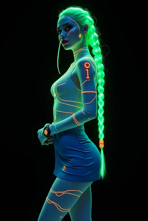 Ukrainian Russian woman, futuristic full body standing image in cyberpunk style of beautiful white blonde Russian woman with phosphorescent neon green braided hair and blue sporty mini skirt with futuristic accessories, illuminated glowing watch and smartp...