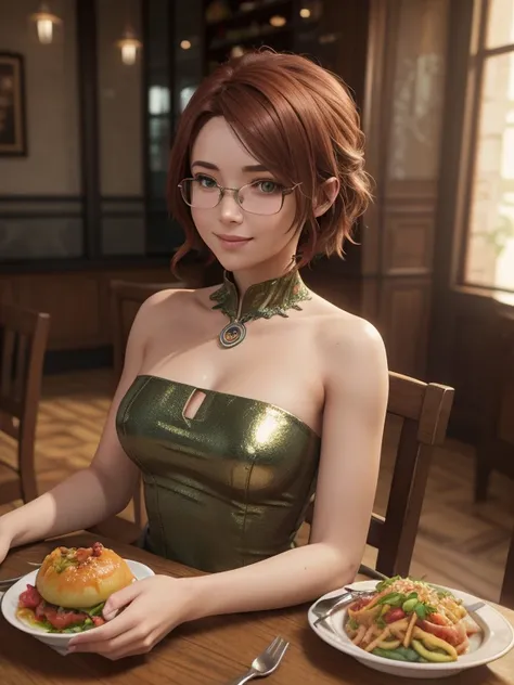  close-up ,  upper body. Short,  red hair,  green eyes,  metallic glasses,  second-size chest,  green strapless dress, smiling 15-year-old girl sitting at a table in a cafe. ( masterpiece,  top quality ,  Better quality,  official art ,  beautiful and aest...