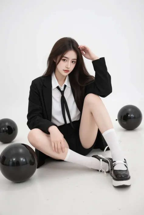 /imagine prompt: A stylish young woman with long, dark hair and delicate features, sitting on the floor with a relaxed yet confident posture. She wears an oversized black blazer over a loose white dress shirt, paired with a loosely knotted black tie. Her l...