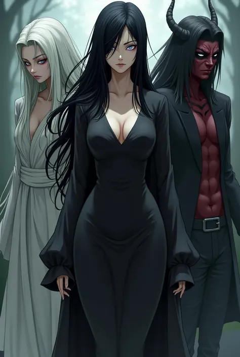  Naruto Shipuden,Women, hourglass body ,one white eye and one black eye, long wavy black hair,With two demons in the back one white and the other black