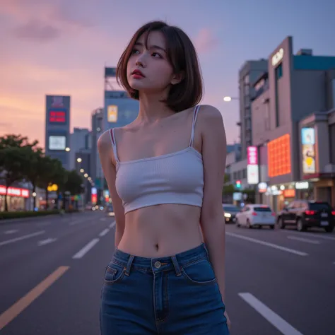 "Generate a highly detailed and realistic image of a 22-year-old Korean woman with a confident and stylish expression. She should be wearing a trendy outfit consisting of a cropped top, high-waisted jeans, and sneakers. Her hair should be styled in a chic ...