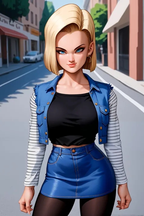  mejor calidad, highreS, and18, 1 niña, Android 18,  in a Sexy poSe , solo ,  cabello rubio, Blue eyeS,  Short hair ,  pending, joyero&#39;S, Denim veSt, [ chaqueta abierta,  negro tightS ,  negro Shirt, denim Skirt, Striped long SleeveS, blue Skirt,  big ...