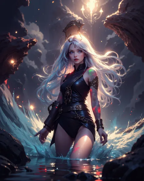   score_9, score_8_up , score_8_up , ((Cinematic composition)), (( Masterpiece)), (Glowing highlights), 8k.Photorealistic
1girl,（whole body）.A stunningly beautiful pirate jumps out of the water.  camera angle from below）,pirate hat, leather vest.(Long, nat...