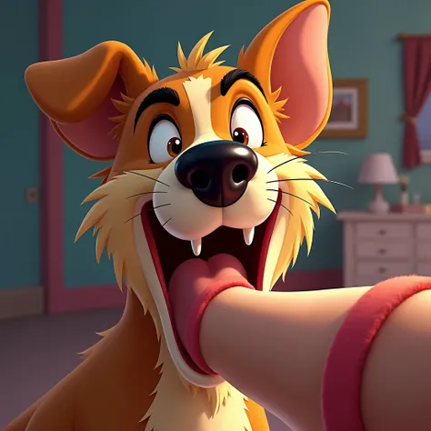 Do you have the head of a dog biting an arm up close, more vivid colors  ,   Disney style 