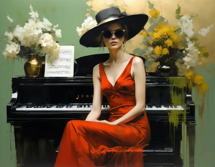 painting of TWO YOUNG WOMEN, WEARING SUNGLASSES AND ELEGANT HAT, APPROXIMATE BUST, with BLACK, OCHRE and gold dress, and black background, light green and beige tones, BRONZE VASE. GREEN VASE ((ENVIRONMENT WITH PIANO)) many flowers,,,,, erect posture, part...