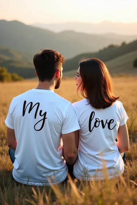 Create a photo of two lovers sitting together wearing white T-shirts, with 'My' written on the man's T-shirt and 'love' written on the woman's T-shirt."
The two lovers setting in grassland and the face is front