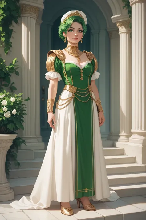 green hair, girl, green eyes, cute face, full body, standing, roman caesar outfit