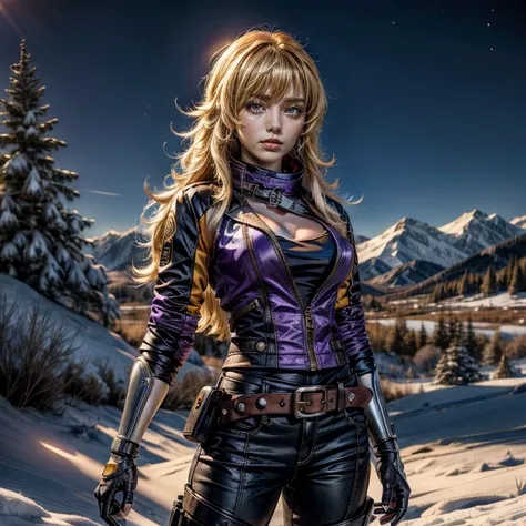 nighttime, stars, yangxiaolong, yang xiao long, smiling, long hair, blonde hair, (purple eyes:1.3), ahoge, bangs, BREAK cleavage, jacket, black pants, belt, mechanical arms, single mechanical arm, prosthesis, prosthetic arm, BREAK standing in field, standi...