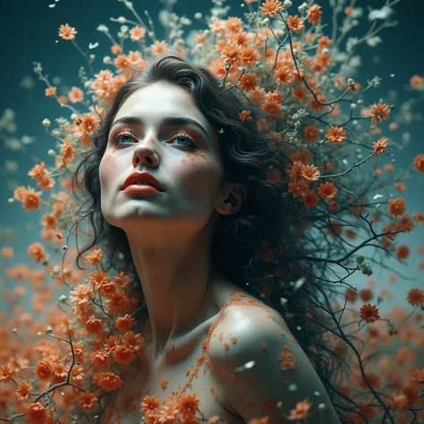  masterpiece,  high resolution sweatshirt,  a beautiful woman ,  a perfect body flying in the sky ,  delicate and beautiful facial features ,  medium breasted,  without clothes everywhere , ( there are many orange flowers on the body instead of clothes ), ...