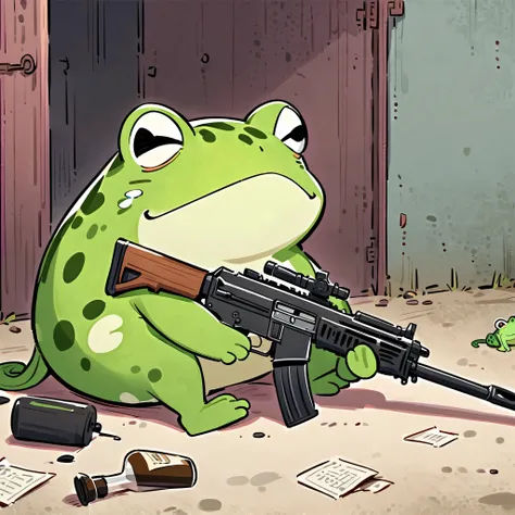 A green frog wearing a kimono, Automatic rifle(and-47)have,The eye is the position of the ear