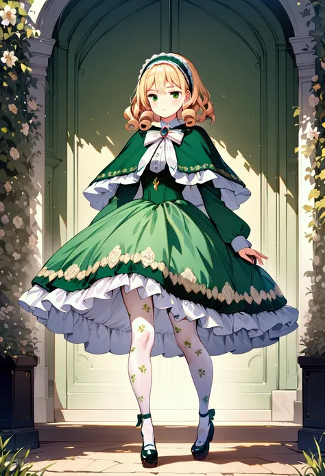 (masterpiece),(best quality),(ultra-detailed),(best illustration),(best shadow),(detailed background),1girl, blonde-hair, green-eyes, pantyhose, hairband, short-hair, frills, gem, green-dress, jewelry, brooch, solo, lolita, white-pantyhose, capelet, standi...