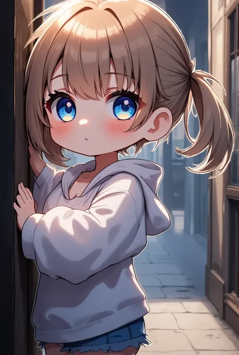 chibi style character, Teen,  perfectionな胸,  beautiful,   beautiful eyes , As a girl,  Teen, street,  natural light,   light brown hair  ,   ponytail ,   blue eyes,   not suitable for work  , As a girl,  Teen, perfection,  wet,   huge boobs ,  Put her boob...