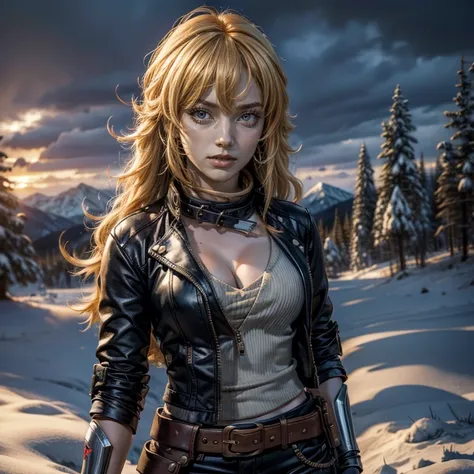 nighttime, stars, yangxiaolong, yang xiao long, smiling, long hair, blonde hair, (purple eyes:1.3), ahoge, bangs, BREAK cleavage, jacket, black pants, belt, mechanical arms, single mechanical arm, prosthesis, prosthetic arm, BREAK standing in field, standi...