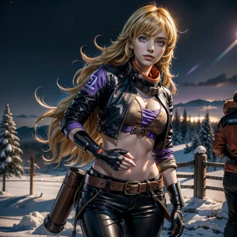 nighttime, stars, yangxiaolong, yang xiao long, smiling, long hair, blonde hair, (purple eyes:1.3), ahoge, bangs, BREAK cleavage, jacket, black pants, belt, mechanical arms, single mechanical arm, prosthesis, prosthetic arm, BREAK standing in field, standi...