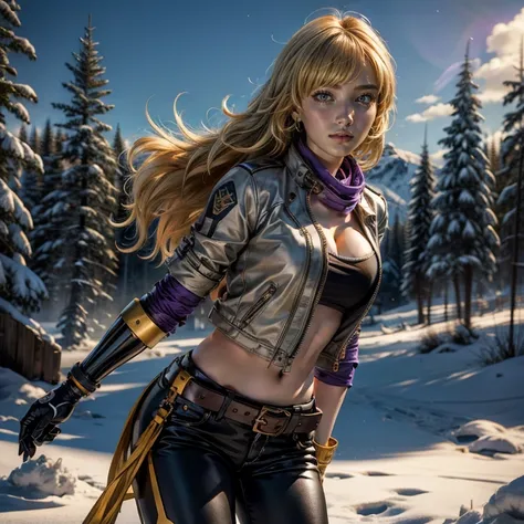 nighttime, stars, yangxiaolong, yang xiao long, smiling, long hair, blonde hair, (purple eyes:1.3), ahoge, bangs, BREAK cleavage, jacket, black pants, belt, mechanical arms, single mechanical arm, prosthesis, prosthetic arm, BREAK standing in field, standi...