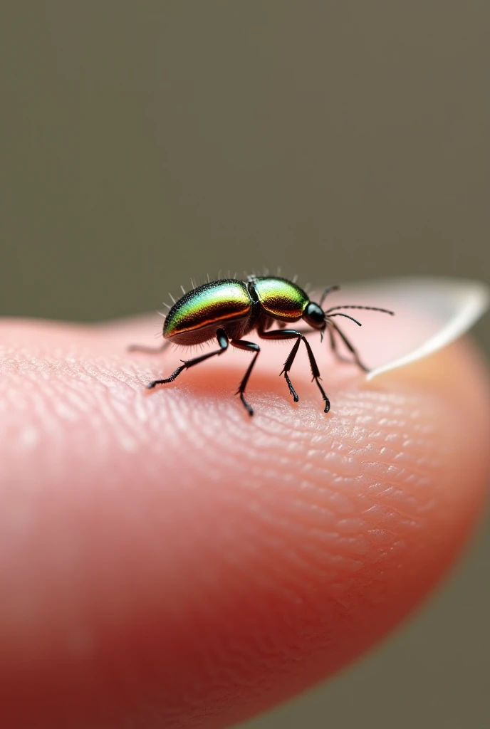 A beetle crawled onto the man's finger, its tiny legs moving swiftly, then it scurried off onto the ground.