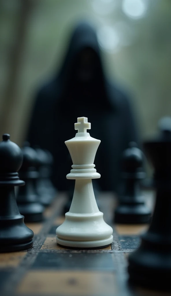 A white chess pawn in the center of the image, behind him appears the image of Death or Grim Reaper, they are on a medieval chessboard and are surrounded by black pawns, It must be a fantastic image with a touch of terror