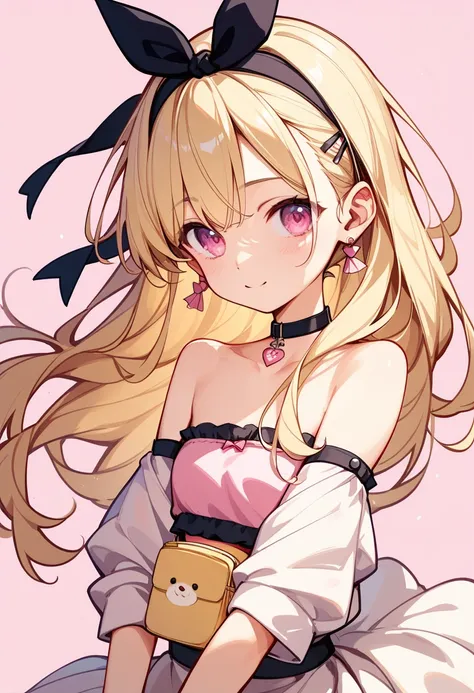  high definition 、 HD、 cute girl、About elementary school age、 from my chest、 blonde、 loose fluffy middle straight 、Pink eyes、 tube top、 long skirt 、 small tits、 cleavage、 barefoot、 simple light pink background 、 headband with ribbon