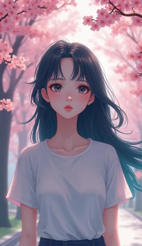 A girl with blue long hair with black eyes wearing a t-shirt under cherry blossoms