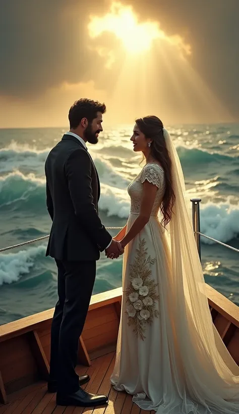 A hyper-realistic depiction of a wedding ceremony taking place on a wooden boat in the middle of a turbulent sea, with crashing waves around. The groom, dressed in a sharp black suit, and the bride, wearing an elegant white wedding dress with intricate flo...