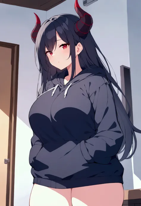 black_hoodie, hood, black_hair, long_hair, large_breasts, long_sleeves, red_eyes, no pants, thick_thighs, horns, black_horns, hands_in_pockets, indoors