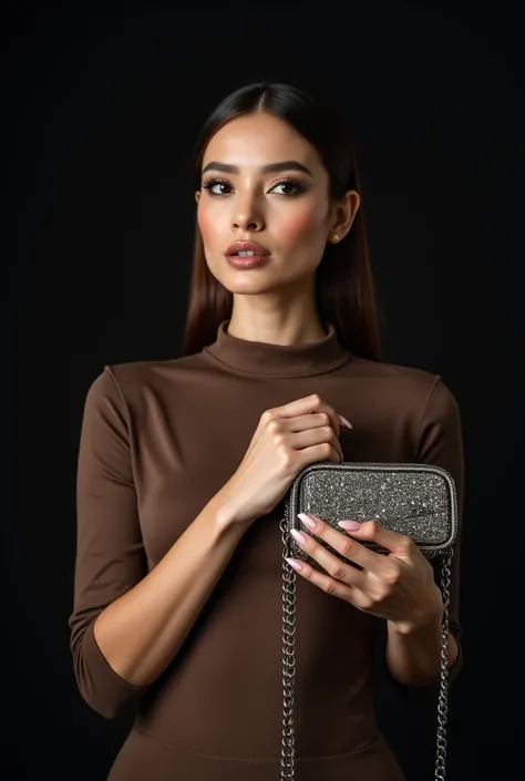 1. Concept & Styling
Handbag: A crystal-embellished or textured handbag, preferably with a metallic chain.
Model: A model with sleek, well-groomed hair and elegant facial features.
Outfit: A fitted, high-neck top in a neutral or rich tone (e.g., brown, bla...